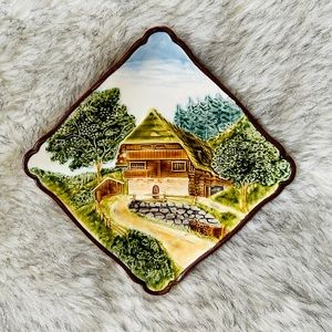 Vintage Cico Germany Majolica Wall Hanging Ceramic 3D Plate | Cabin In Forest